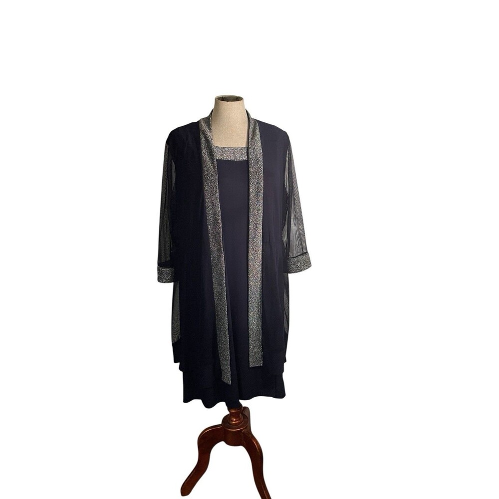 R & M Richards Women’s 2- Piece Dress Size 20 W Navy With Silver Trim. Sheer Arm